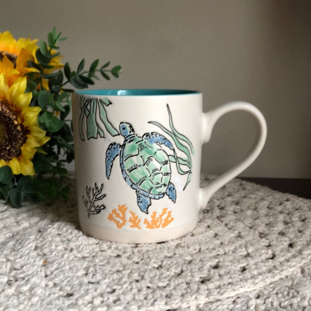 Sea Turtle Coastal Ceramic Mug with Teal Interior